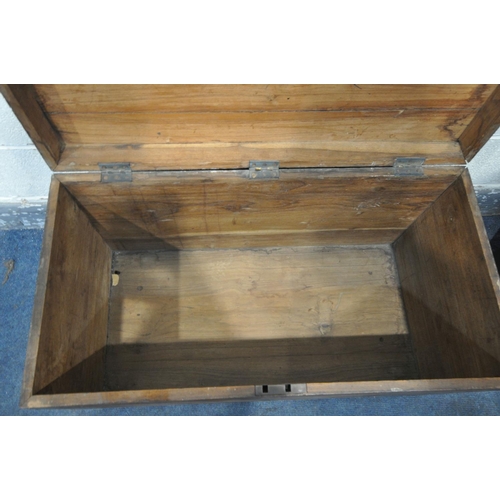 1270 - A HARDWOOD CAMPAIGN CHEST, with twin metal handles (condition - surface marks and stains)