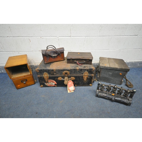 1277 - A SELECTION OF MISCELLANEOUS, to include a vintage tool chest, a vintage metal trunk, two index draw... 