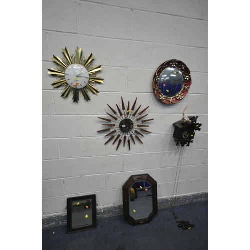 1278 - A MANLEY SUNBURST CLOCK, diameter 61cm, an Elexacta sunburst clock, a cuckoo clock with three weight... 