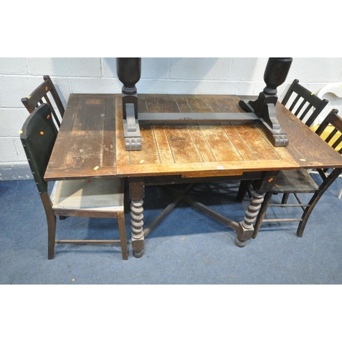 1279 - AN OAK BARLEY TWIST DRAW LEAF DINING TABLE, on a cross stretchered base, open length 152cm x 92cm sq... 