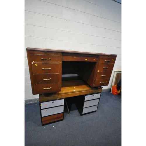 1280 - TWO MID CENTURY TEAK DESKS, largest desk width 154cm x depth 85cm x height 77cm (condition:-veneer l... 