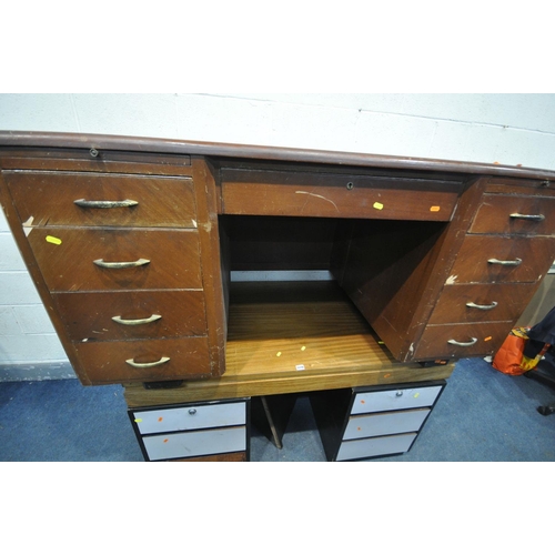 1280 - TWO MID CENTURY TEAK DESKS, largest desk width 154cm x depth 85cm x height 77cm (condition:-veneer l... 