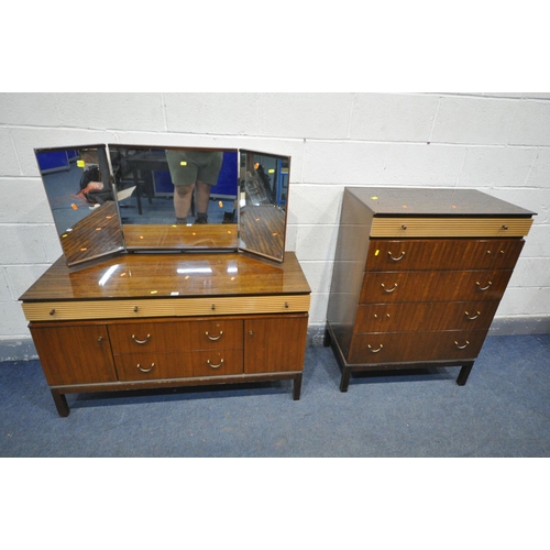 1284 - A MID CENTURY GOLDEN KEY TEAK FINISH BEDROOM SUITE, comprising a dressing table, and a tall chest of... 