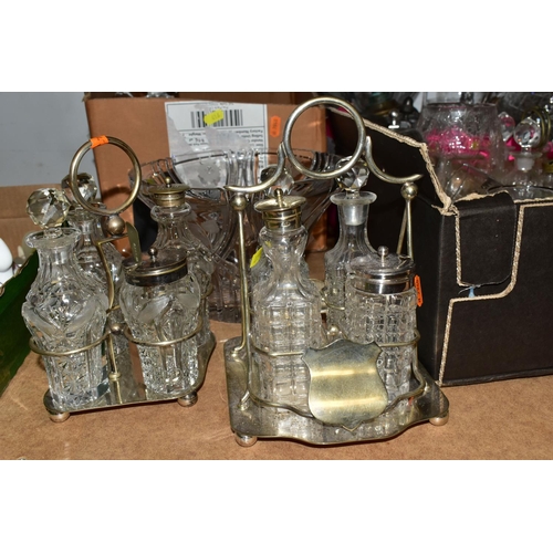 416 - THREE BOXES AND LOOSE GLASS WARES, mainly pressed glass to include two cruet sets on plated stands, ... 