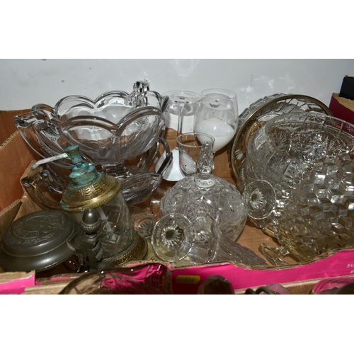 416 - THREE BOXES AND LOOSE GLASS WARES, mainly pressed glass to include two cruet sets on plated stands, ... 