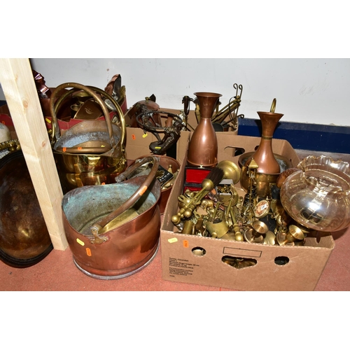 417 - FOUR BOXES AND LOOSE METALWARES, to include three brass and one copper helmet shaped coal scuttles o... 