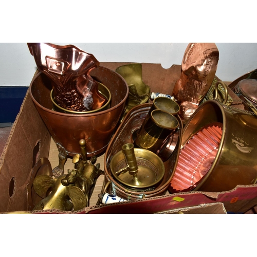 417 - FOUR BOXES AND LOOSE METALWARES, to include three brass and one copper helmet shaped coal scuttles o... 