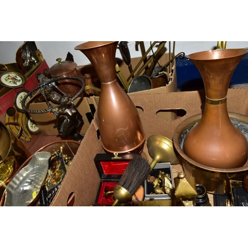 417 - FOUR BOXES AND LOOSE METALWARES, to include three brass and one copper helmet shaped coal scuttles o... 