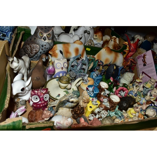 420 - SIX BOXES OF CERAMIC ANIMAL ORNAMENTS, to include a collection of Hornsea Fauna vases, Dartmouth Pot... 