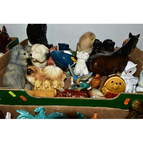 420 - SIX BOXES OF CERAMIC ANIMAL ORNAMENTS, to include a collection of Hornsea Fauna vases, Dartmouth Pot... 