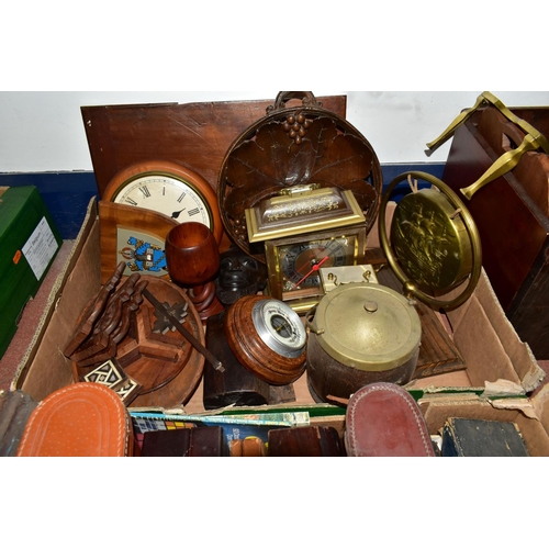 421 - THREE BOXES AND LOOSE to include an African fly whisk with beaded handle, a writing slope in need of... 