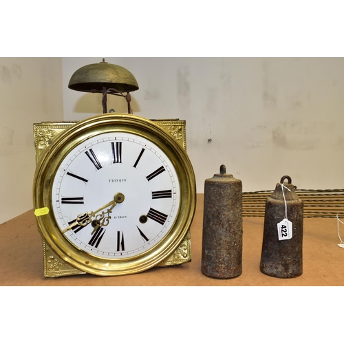 422 - A COMTOISE CLOCK, PENDULUM AND WEIGHTS, the white enamel dial with black Roman numerals and marked '... 