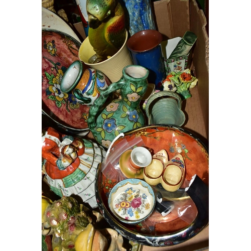 426 - FIVE BOXES AND LOOSE CERAMICS AND GLASSWARES, to include a large vase with modelled dragons height 4... 