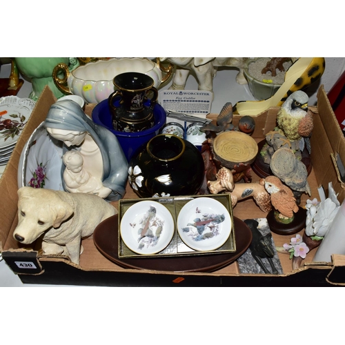 430 - THREE BOXES AND LOOSE ORNAMENTAL CERAMICE ETC, to include a Sylvac 1969 jug, Sylvac Poodle 3110,  Le... 