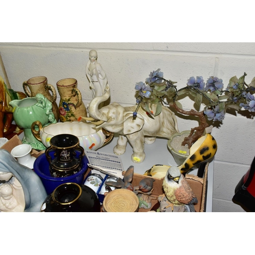 430 - THREE BOXES AND LOOSE ORNAMENTAL CERAMICE ETC, to include a Sylvac 1969 jug, Sylvac Poodle 3110,  Le... 