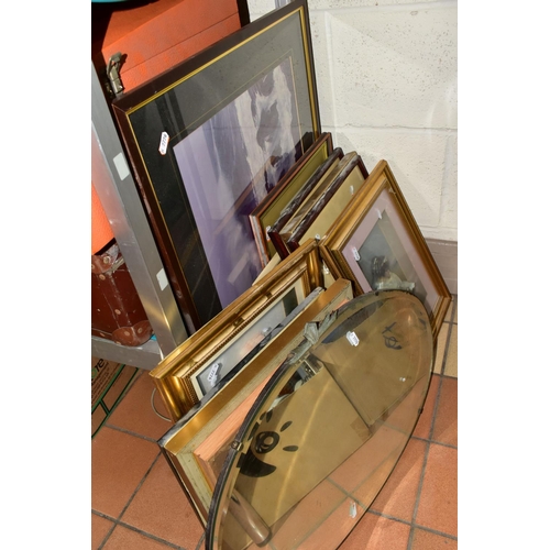 433 - A QUANTITY OF ASSORTED SUNDRIES, to include an Art Deco style wall mirror, several framed prints, a ... 