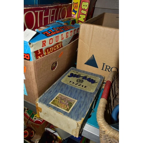 437 - FOUR BOXES AND LOOSE VINTAGE TOYS AND GAMES ETC, to include a Great Western Railway jigsaw puzzle, W... 