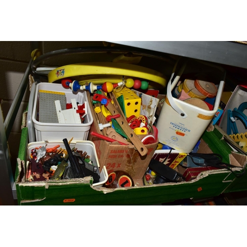 437 - FOUR BOXES AND LOOSE VINTAGE TOYS AND GAMES ETC, to include a Great Western Railway jigsaw puzzle, W... 