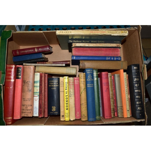 438 - FOUR BOXES OF VINTAGE BOOKS, subjects include religion, English and French language books, Charles D... 