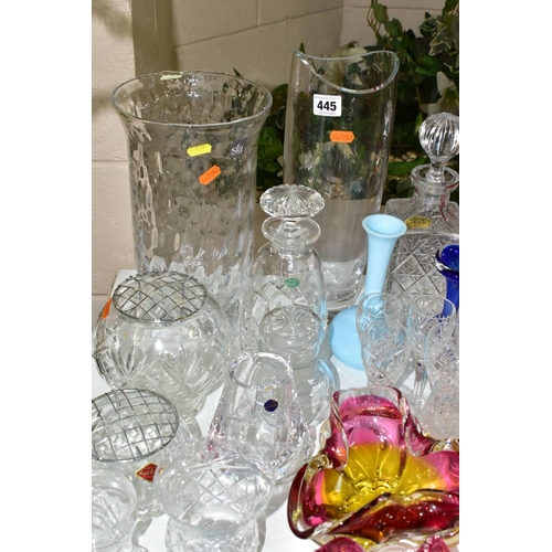 445 - A COLLECTION OF CUT CRYSTAL AND COLOURED ART GLASS, comprising a Murano clear to cranberry controlle... 