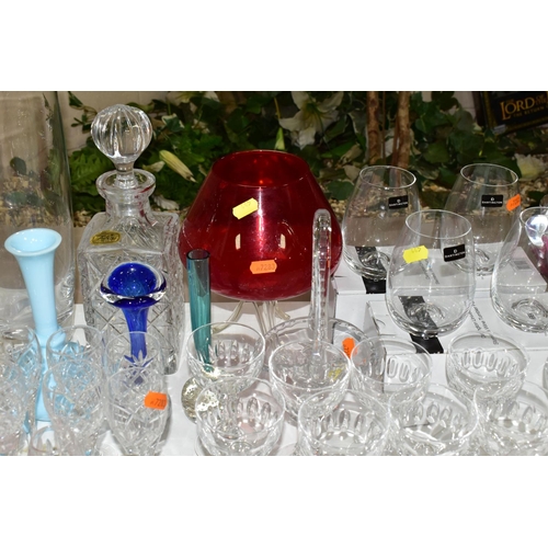 445 - A COLLECTION OF CUT CRYSTAL AND COLOURED ART GLASS, comprising a Murano clear to cranberry controlle... 