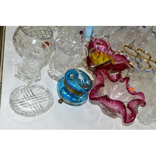 445 - A COLLECTION OF CUT CRYSTAL AND COLOURED ART GLASS, comprising a Murano clear to cranberry controlle... 