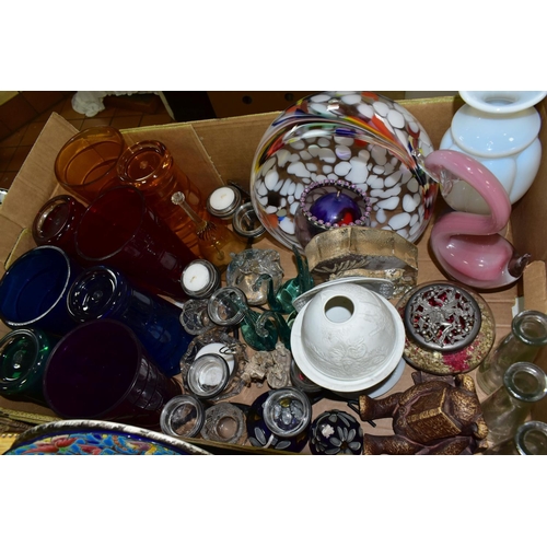 453 - TWO BOXES AND LOOSE CERAMICS AND GLASS WARES, to include a Longwy plate with cloisonne style enamell... 