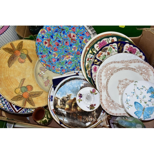 453 - TWO BOXES AND LOOSE CERAMICS AND GLASS WARES, to include a Longwy plate with cloisonne style enamell... 