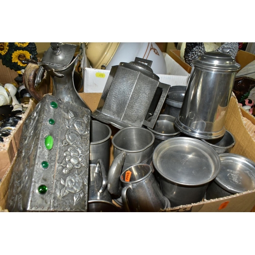 458 - FOUR BOXES AND LOOSE METALWARES, to include a Bat Germany hurricane lamp, a brass oil lamp style tab... 