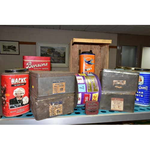 463 - A COLLECTION OF VINTAGE ADVERTISING TINS AND PACKAGING, to include a glass Holland Toffee jar with a... 