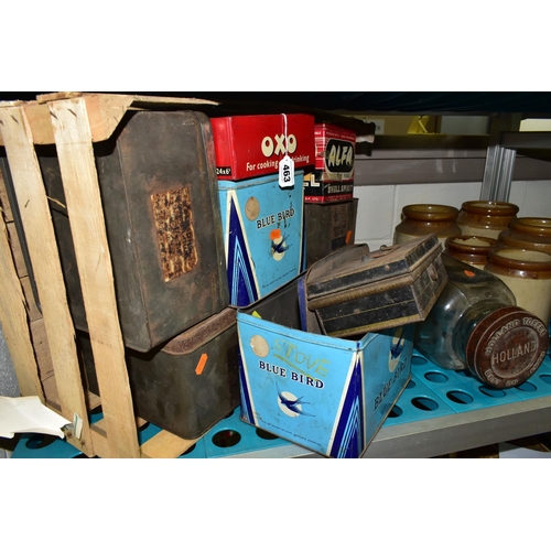 463 - A COLLECTION OF VINTAGE ADVERTISING TINS AND PACKAGING, to include a glass Holland Toffee jar with a... 