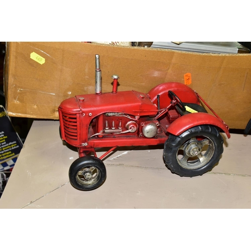 465 - TWO BOXES AND LOOSE VINTAGE TINS, TRACTOR ORNAMENTS, AND SUNDRY ITEMS, vintage tins to include Horne... 