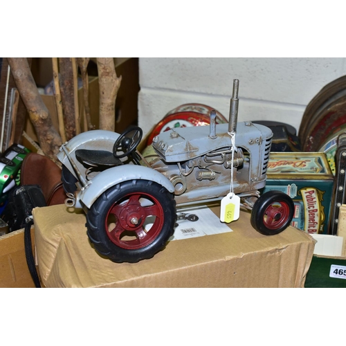 465 - TWO BOXES AND LOOSE VINTAGE TINS, TRACTOR ORNAMENTS, AND SUNDRY ITEMS, vintage tins to include Horne... 