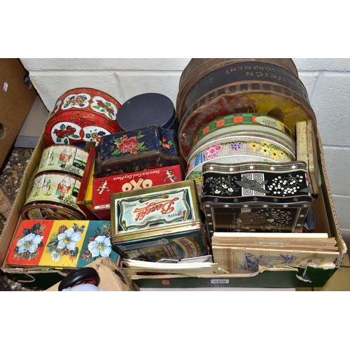 465 - TWO BOXES AND LOOSE VINTAGE TINS, TRACTOR ORNAMENTS, AND SUNDRY ITEMS, vintage tins to include Horne... 