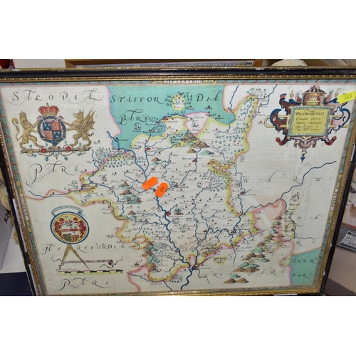 468 - A BOX AND LOOSE MAPS, PLATES AND BINOCULARS ETC, comprising two framed facsimile maps: 'A Picture Ma... 