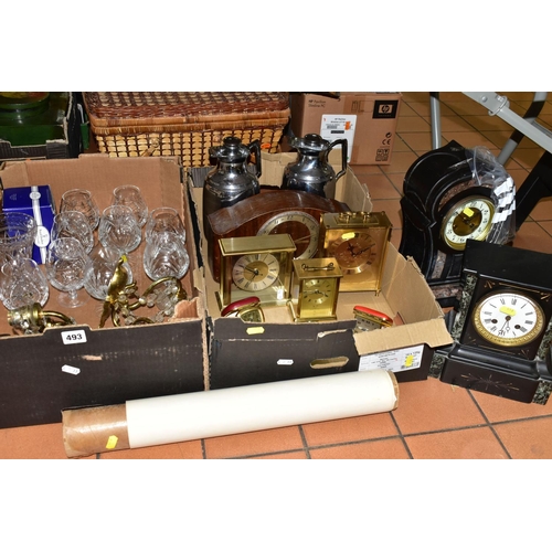 493 - THREE BOXES OF ASSORTED MANTEL CLOCKS AND SUNDRIES, to include two Victorian slate and marble mantel... 