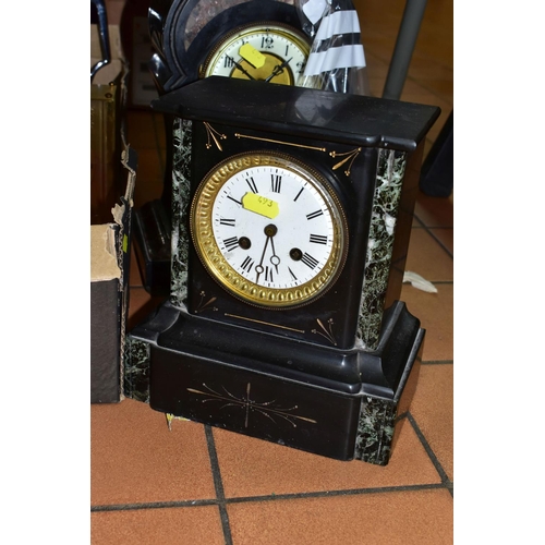 493 - THREE BOXES OF ASSORTED MANTEL CLOCKS AND SUNDRIES, to include two Victorian slate and marble mantel... 