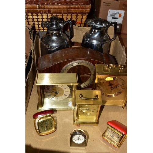 493 - THREE BOXES OF ASSORTED MANTEL CLOCKS AND SUNDRIES, to include two Victorian slate and marble mantel... 