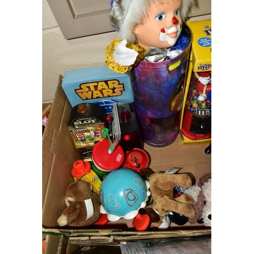 513 - TWO BOXES OF ASSORTED TOYS, to include Hasbro Marvel figures, two boxed M&Ms dispensers, a boxed MTe... 