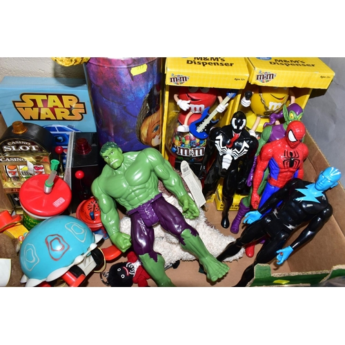 513 - TWO BOXES OF ASSORTED TOYS, to include Hasbro Marvel figures, two boxed M&Ms dispensers, a boxed MTe... 