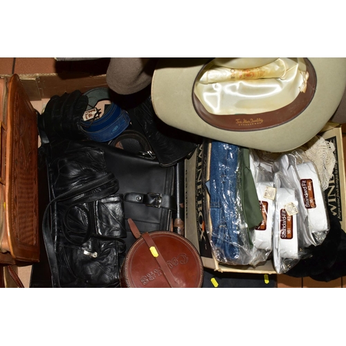 519 - SEVEN GENTLEMEN'S OVERCOATS AND JACKETS TOGETHER WITH TWO BOXES OF ACCESSORIES, to include a long le... 