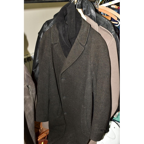 519 - SEVEN GENTLEMEN'S OVERCOATS AND JACKETS TOGETHER WITH TWO BOXES OF ACCESSORIES, to include a long le... 