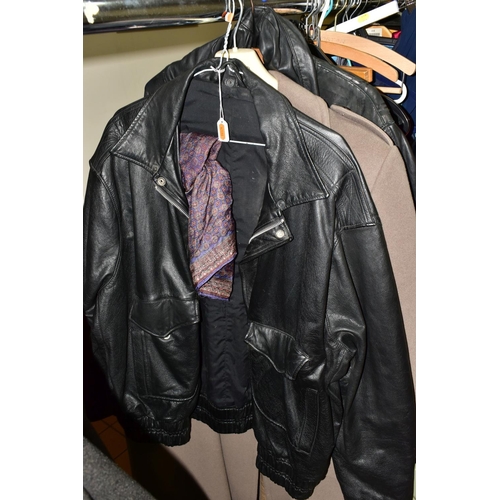 519 - SEVEN GENTLEMEN'S OVERCOATS AND JACKETS TOGETHER WITH TWO BOXES OF ACCESSORIES, to include a long le... 