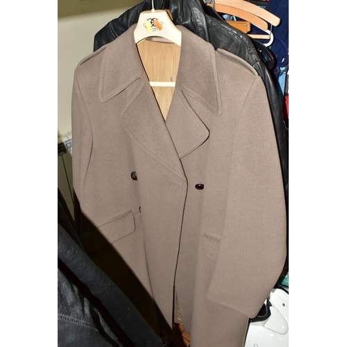 519 - SEVEN GENTLEMEN'S OVERCOATS AND JACKETS TOGETHER WITH TWO BOXES OF ACCESSORIES, to include a long le... 