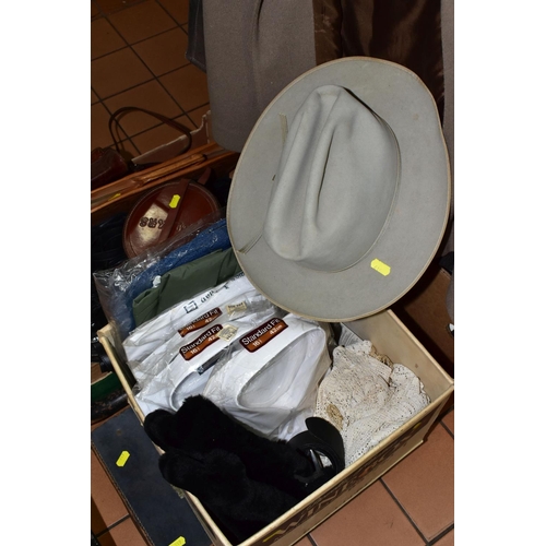 519 - SEVEN GENTLEMEN'S OVERCOATS AND JACKETS TOGETHER WITH TWO BOXES OF ACCESSORIES, to include a long le... 