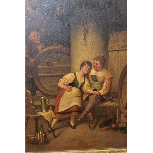 520 - A LATE 19TH / EARLY 20TH CENTURY TAVERN SCENE, depicting a courting couple seated beside barrels, tw... 