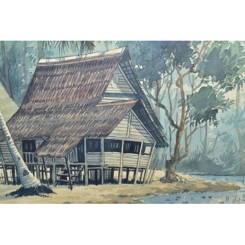 522 - ABU BAKAR IBRAHIM (MALAYSIA 1925-1977) AN UNTITLED MALAYSIAN VILLAGE SCENE, traditional dwellings be... 