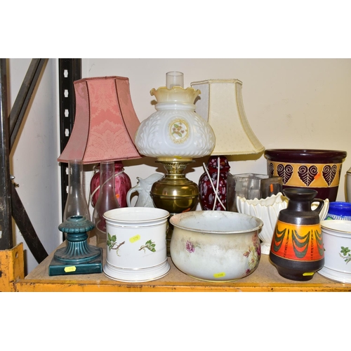 529 - A QUANTITY OF DECORATIVE CERAMICS, JARDINIERES AND LAMPS ETC, to include a German fat lava style vas... 