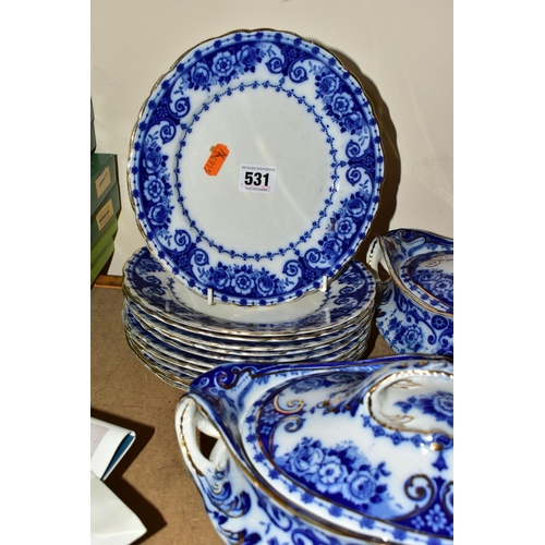 531 - T. RATHBONE & Co FLOW BLUE OSBORNE PATTERN PART DINNER SERVICE, comprising five graduated platters, ... 