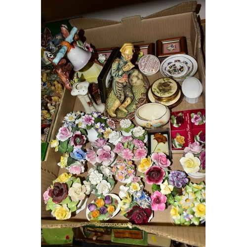 532 - FOUR BOXES AND LOOSE DECORATIVE CERAMICS AND ORNAMENTS ETC, to include a quantity of Wade Whimsies, ... 